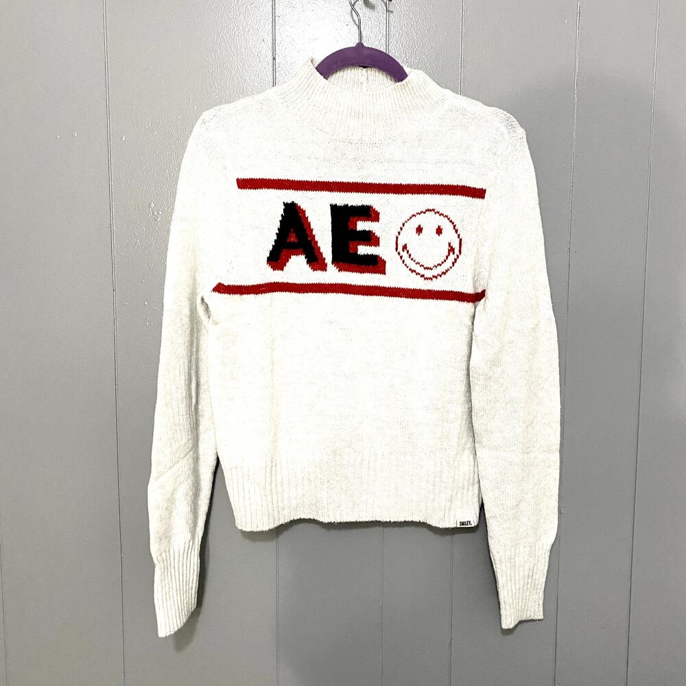 NEW American Eagle Grey Smiley Graphic Mock Neck Fitted Preppy Sweater M